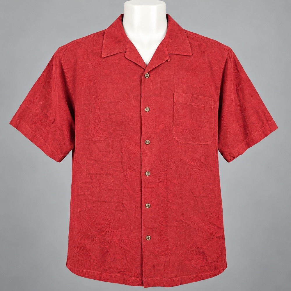 Tommy Bahama Shirt Mens L Red Silk Short Sleeve Jacquard Palm Camp Button Up EX